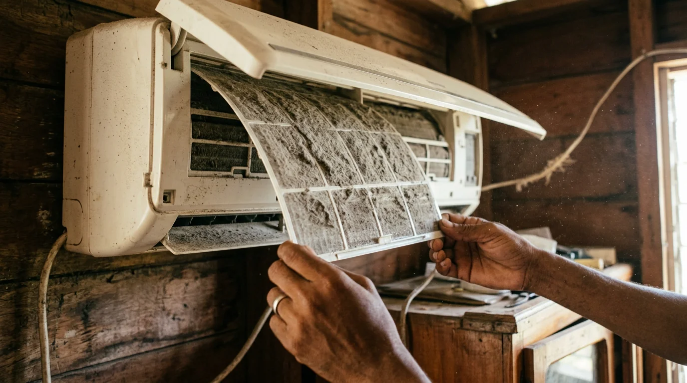 Hands pulling a clogged grey filter out of a dusty split AC