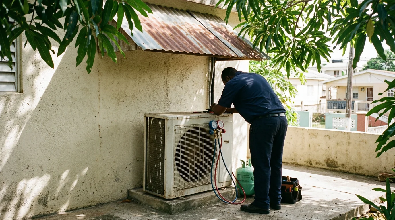 Technician checking refrigerant gauges on an outdoor AC condenser