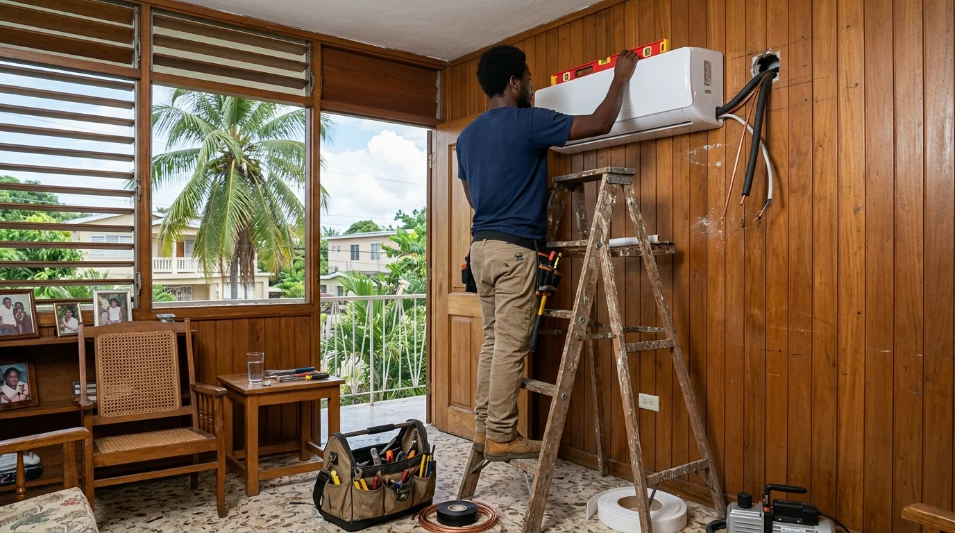 Technician on a ladder mounting a new split AC on a timber wall