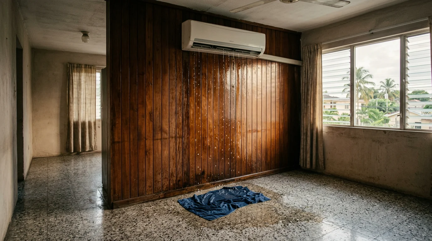 Split AC pouring water down a timber wall onto a towel