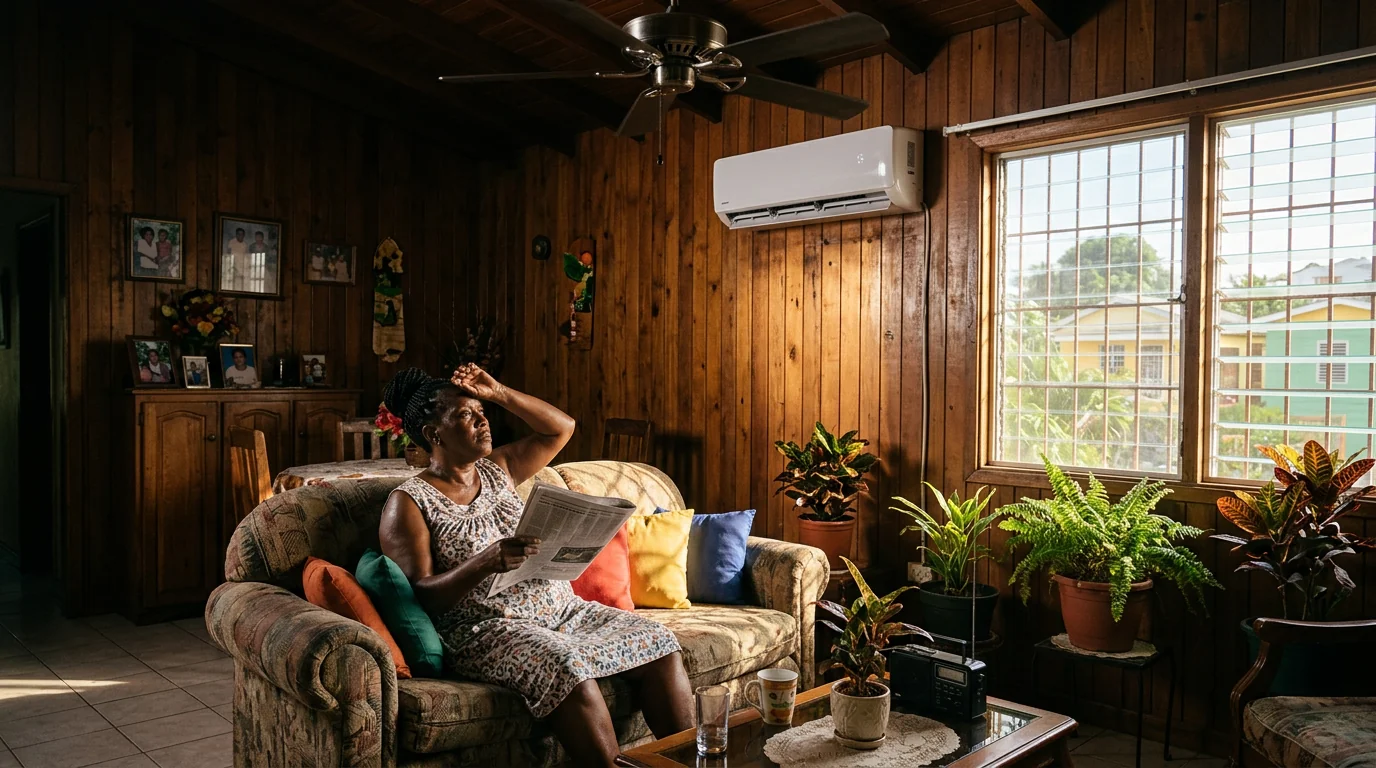 Woman in a hot Kingston living room, AC on, still wiping sweat